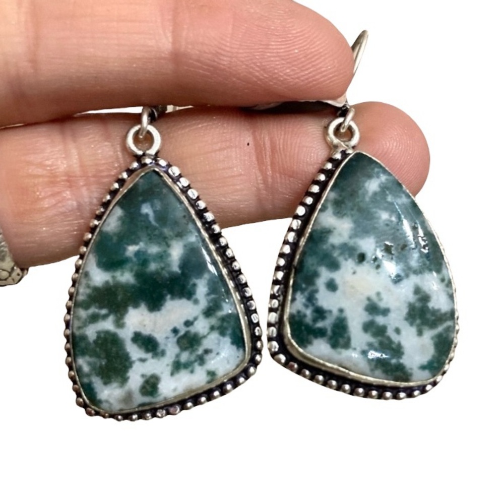 925 sterling silver overlay tree green white jasper dangly boho stone earrings